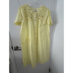 Vintage Rosie Yellow Floral Smocked Button Up House Dress Duster Large